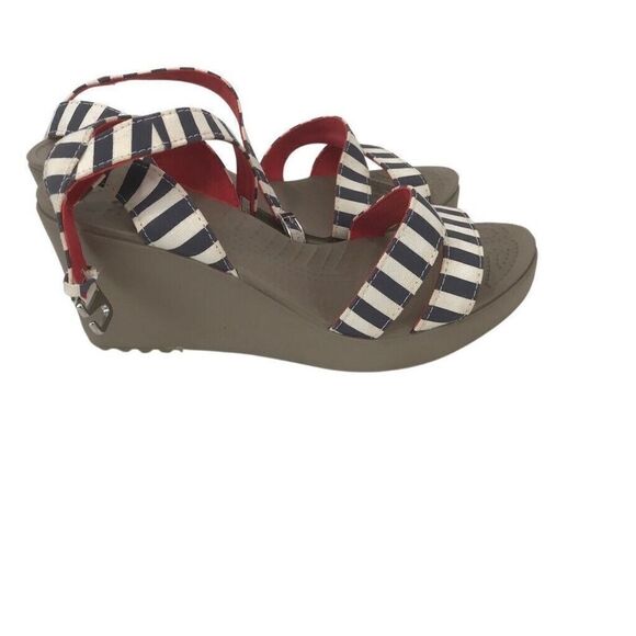 Crocs Leigh Wedge Sandals Ankle Strappy White Blue Striped Women’s Size 9 - Picture 6 of 8